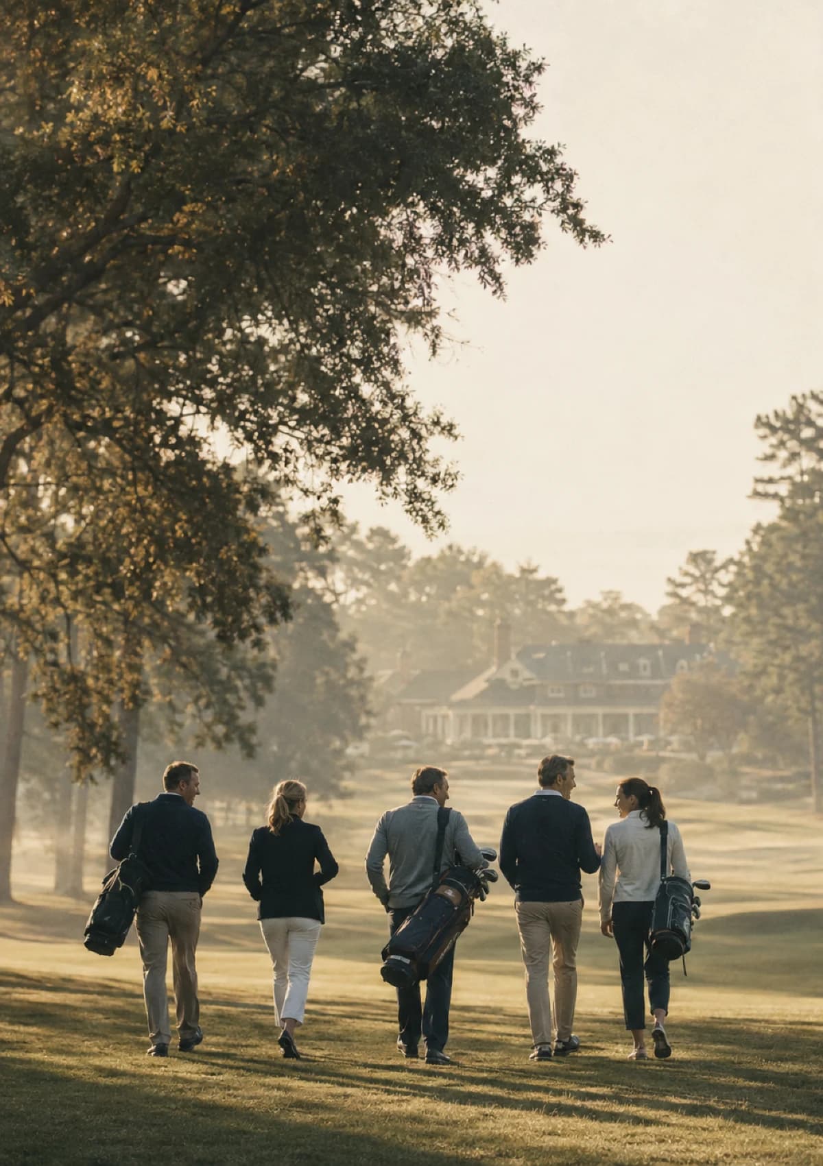 Five golfers walking the fairway toward the clubhouse in morning haze