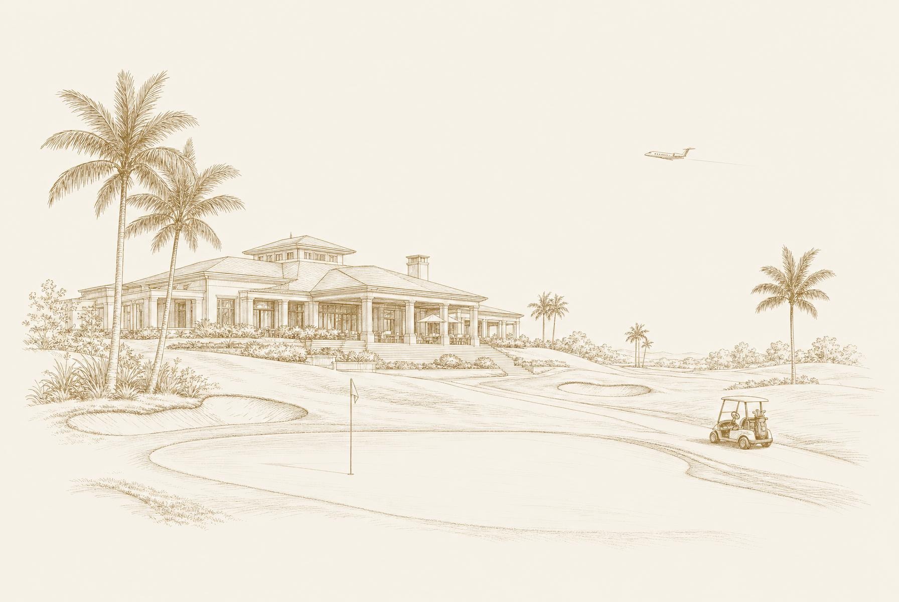 Illustration of Bali Hai Golf Club with palm trees, a golf cart, and an airplane overhead