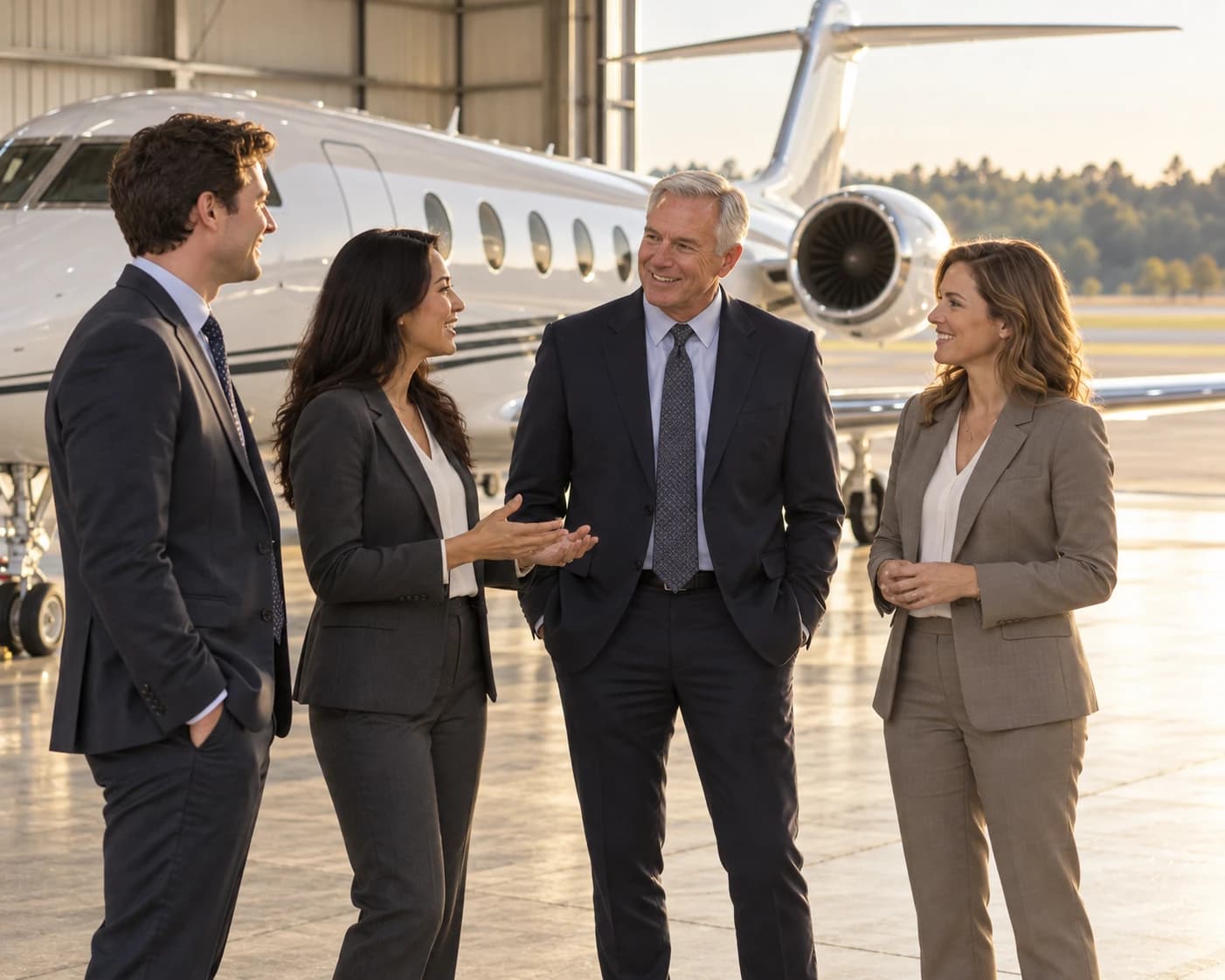 AI-generated image of two women and two men in business suits talking in front of a Gulfstream jet in a sunlit hangar